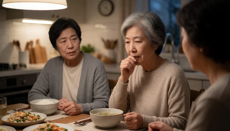 저녁 식사 중 사레가 들려 기침하는 중년 여성