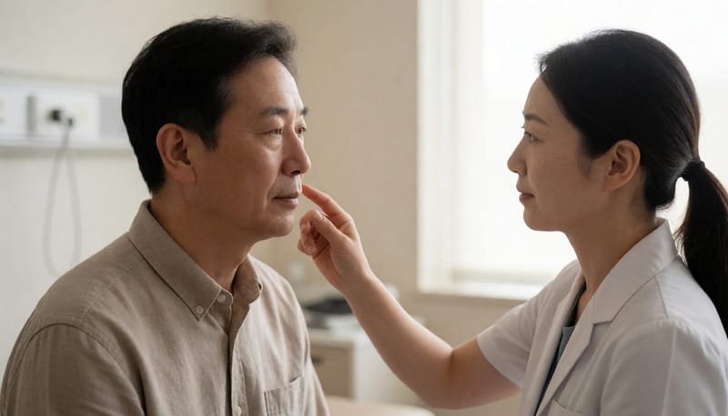 목과 턱 근육을 촉진하며 삼킴 기능을 확인하는 언어치료사와 환자