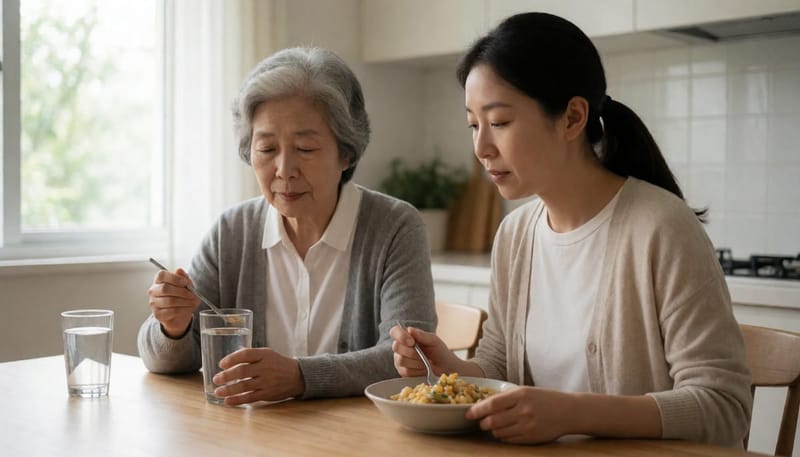 사레에 대한 이야기를 나누며 천천히 식사하는 가족의 일상 장면