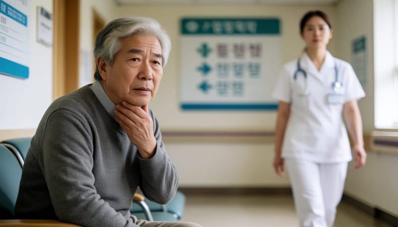 목에 이상을 느끼고 병원을 찾은 환자가 대기실에 앉아 있는 모습