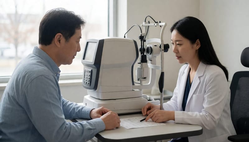 안경사가 환자에게 도수 검사 결과지를 보여주며 설명하는 모습