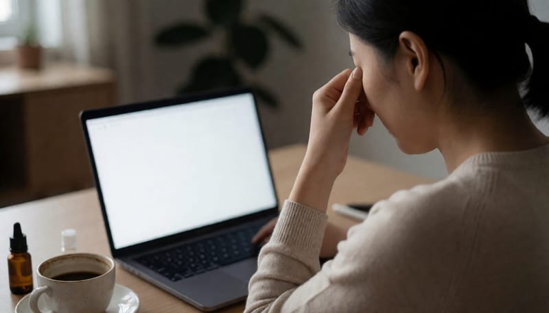 어두운 방에서 노트북 앞에 앉아 눈을 비비며 피로해하는 여성