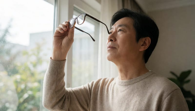 창가에서 안경 렌즈를 빛에 비춰 상태를 확인하는 중년 남성