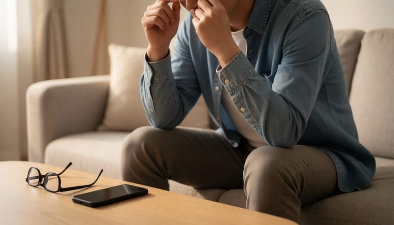 안경을 벗어두고 눈가를 누르며 피로를 호소하는 청년