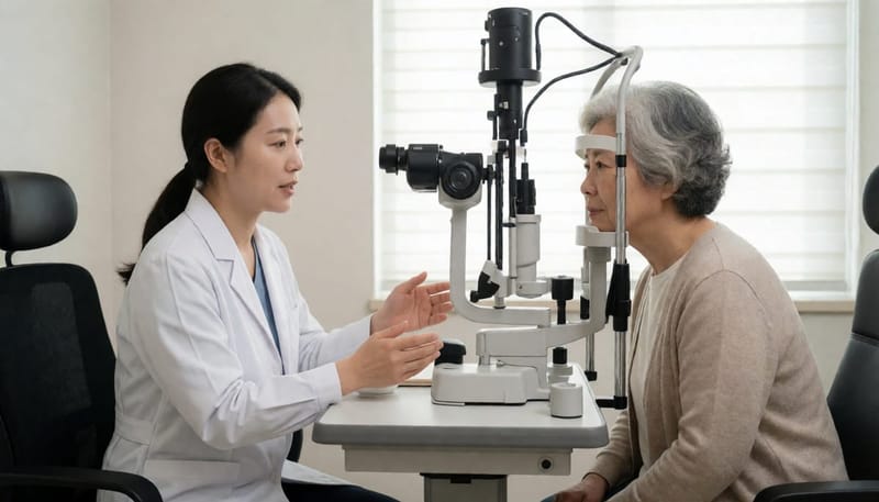 안과 진료실에서 세극등 검사를 받으며 의사와 상담하는 노년 여성 환자
