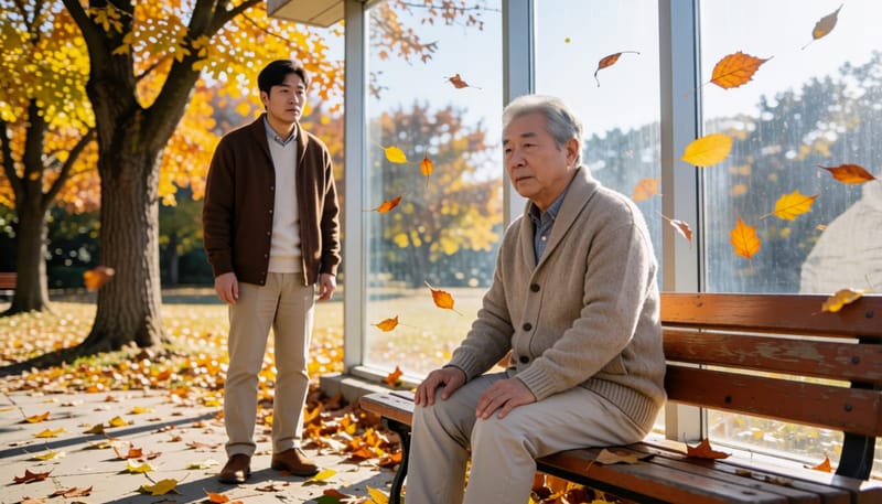 찬바람 부는 공원 벤치에 홀로 앉은 아버지와 뒤에서 걱정스레 바라보는 아들