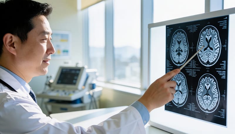 진료실에서 뇌 MRI 영상을 가리키며 설명하는 의사의 모습