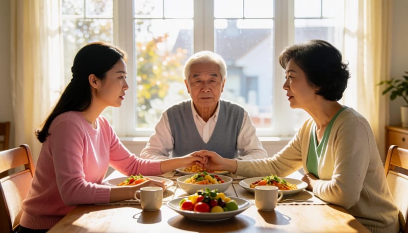식탁에 둘러앉아 아버지의 상태에 대해 진지하게 이야기 나누는 가족