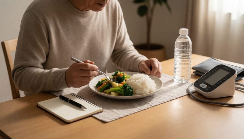 저지방 식단과 혈압계, 기록 노트가 놓인 식탁에서 식사하는 남성