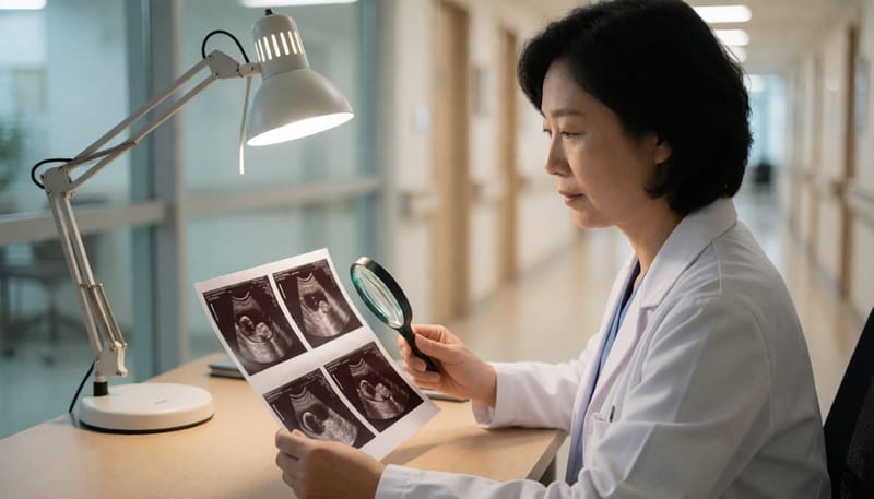 두 장의 초음파 사진을 돋보기로 비교 분석하는 영상의학과 의사