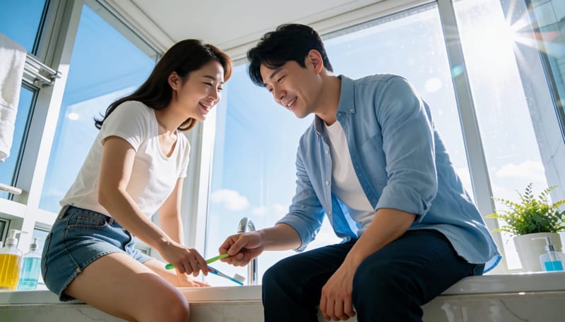 양치 중 구역반사로 괴로워하는 남성의 모습