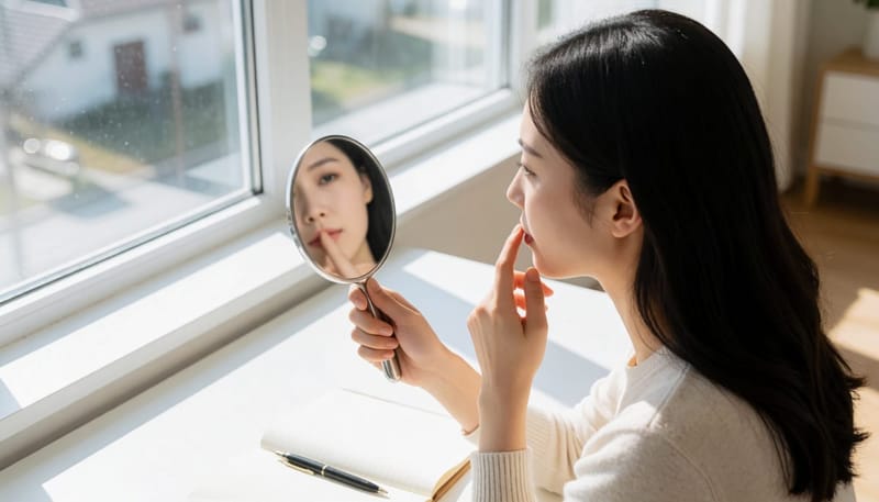 자신의 구역반사 유형을 살펴보는 여성