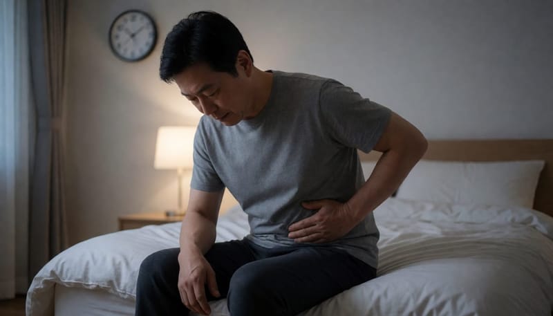 밤늦게 침대에 앉아 오른쪽 윗배를 움켜쥐는 남성