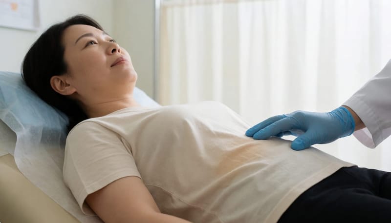 진료실에서 오른쪽 윗배를 촉진하는 의사와 환자