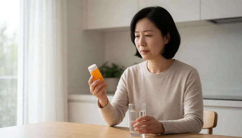 다이어트약을 손에 들고 걱정스러운 표정을 짓는 여성