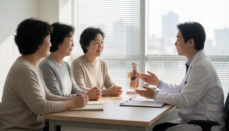 의사가 환자에게 장기 모형을 보여주며 상담하는 진료실 풍경
