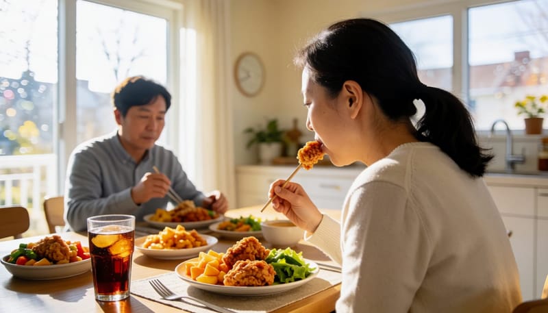 밤늦게 기름진 음식을 먹는 여성의 뒷모습, 담낭 부담을 암시하는 장면