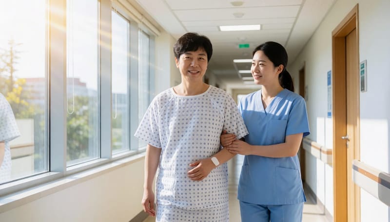 수술 후 병원 복도를 천천히 걷으며 회복 중인 환자와 간호사