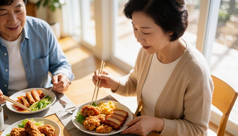 기름진 음식을 먹은 뒤 오른쪽 윗배를 짚는 여성
