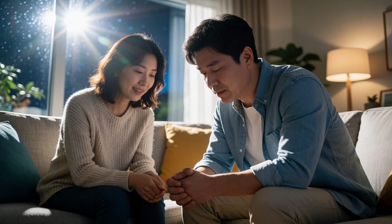 밤에 소파에서 오른쪽 윗배를 움켜잡고 고통스러워하는 남성