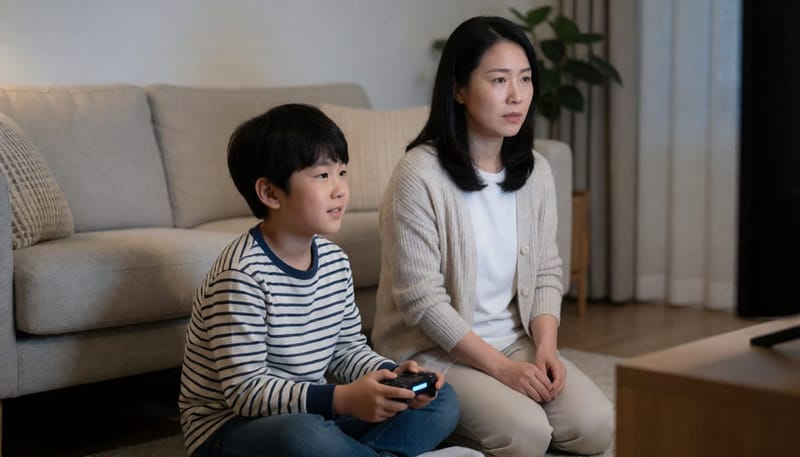 게임을 끄라고 하자 화를 내는 아이와 지친 표정의 엄마