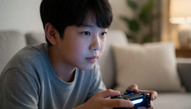 게임에 몰입해 화면을 응시하는 아이의 클로즈업