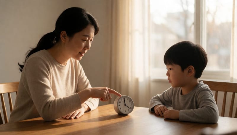 타이머를 두고 게임 시간 줄이기를 상의하는 엄마와 아이