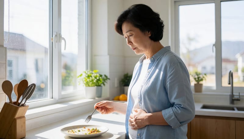 조금만 먹어도 배가 불러 식사를 남기고 고민하는 모습