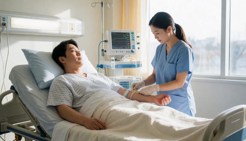 수면 내시경을 위해 준비하는 환자와 간호사의 모습