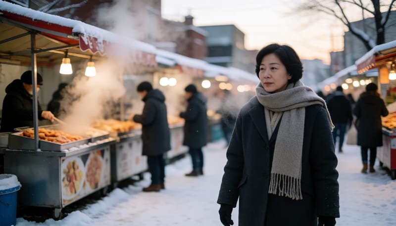 겨울철 거리에서 찬 공기를 마시며 걷는 여성