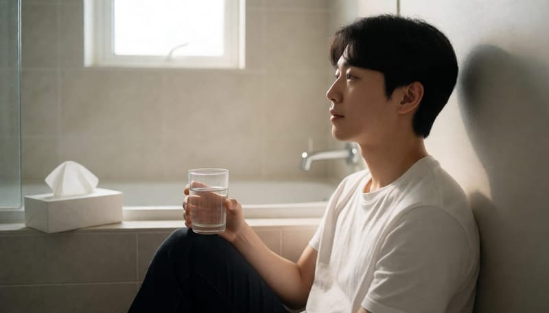 장염 증상으로 화장실 바닥에 기대앉아 물을 마시는 남성