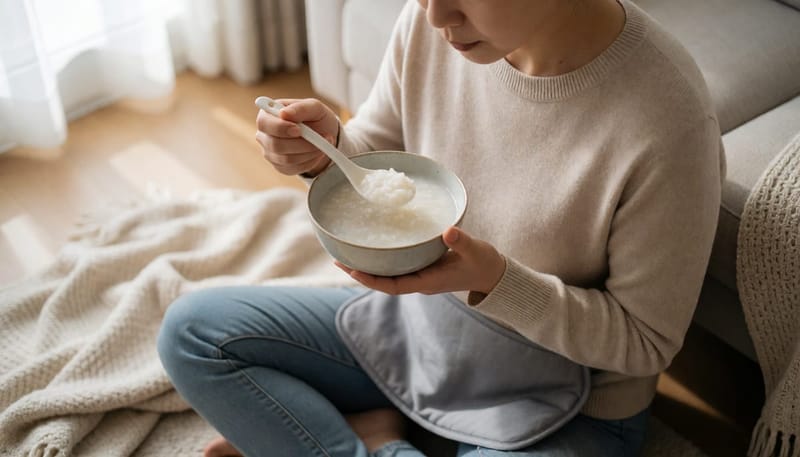집에서 죽을 먹으며 배에 찜질팩을 올려 회복하는 여성