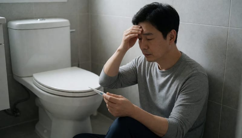 화장실 바닥에 앉아 이마를 짚고 체온계를 든 남성
