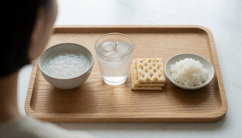 죽, 이온음료, 크래커, 흰쌀밥이 단계별로 놓인 회복식 상차림