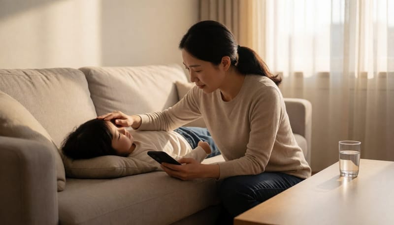 소파에 누운 아이의 이마를 짚으며 병원을 알아보는 엄마