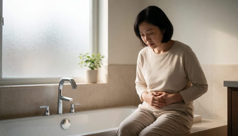 복통으로 배를 감싸 쥔 여성이 화장실 욕조 옆에 앉아 있는 모습