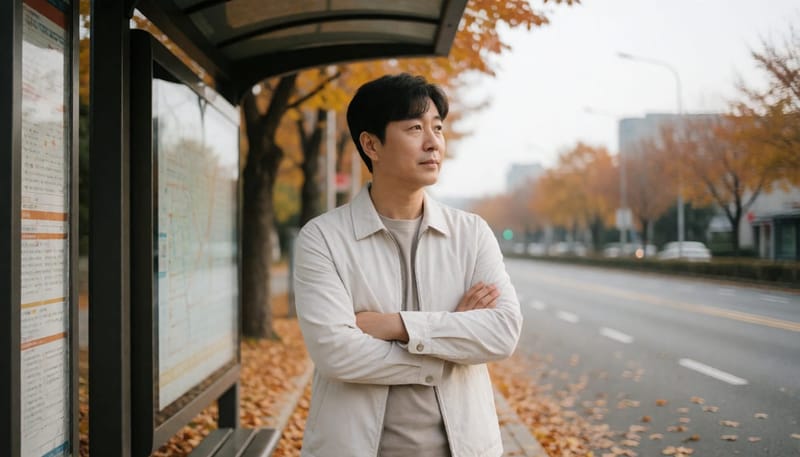 환절기 쌀쌀한 날씨에 옷을 여미며 버스를 기다리는 남성