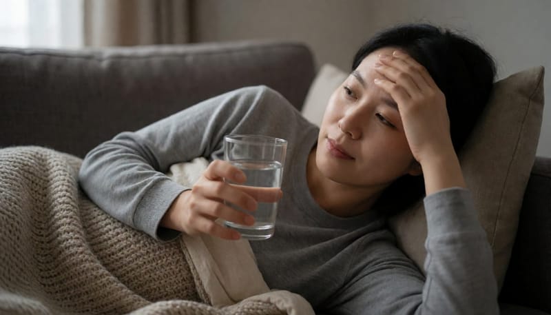 소파에 담요를 덮고 누워 물을 마시며 몸 상태를 살피는 여성