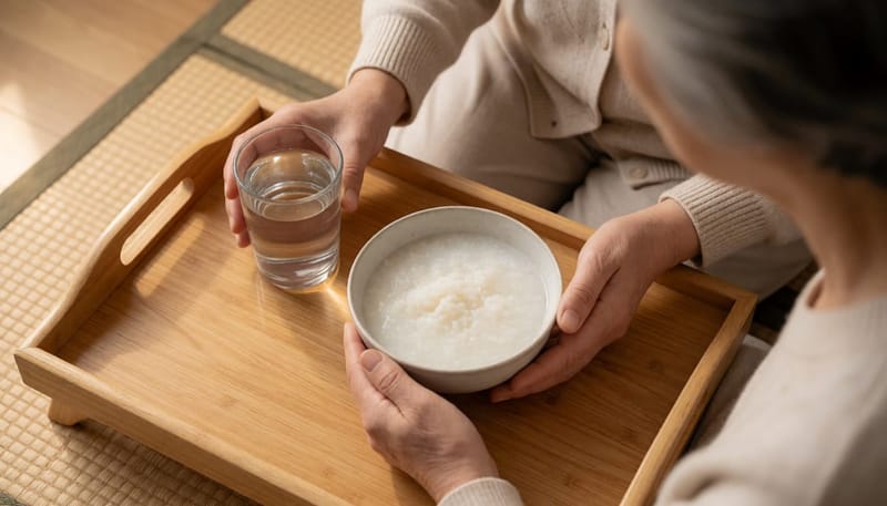 흰죽과 물이 놓인 쟁반을 앞에 두고 회복식을 준비하는 모습