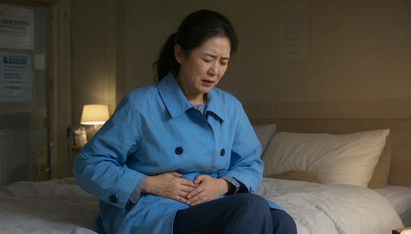 밤사이 심해진 복통으로 배를 움켜쥐고 괴로워하는 60대 여성의 모습