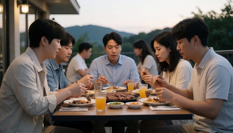 환절기 저녁 회식 자리에서 겉옷을 걸치는 직장인들