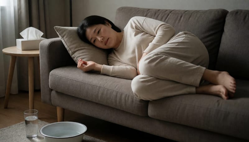 소파에 웅크려 누워 탈수 증세를 보이는 여성