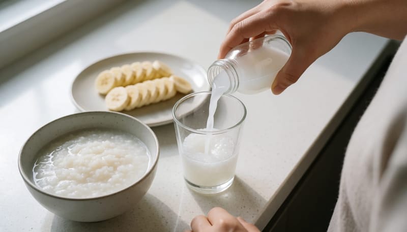 이온음료를 따르고 흰죽과 바나나를 준비한 식단 관리 장면