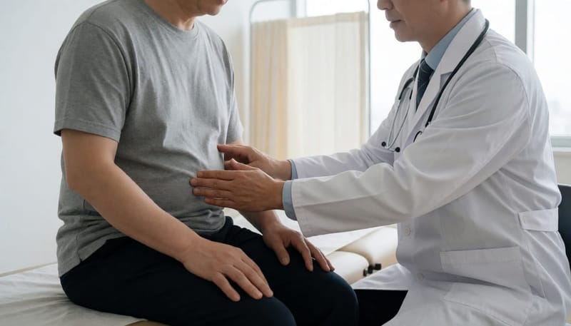 병원에서 의사가 환자의 복부를 진찰하는 장면