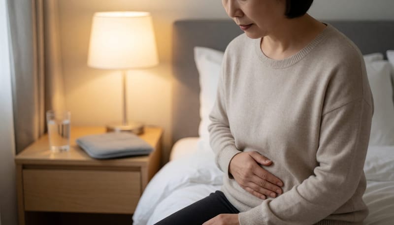 복통으로 배를 감싸 쥔 여성, 경미한 복통 증상 표현