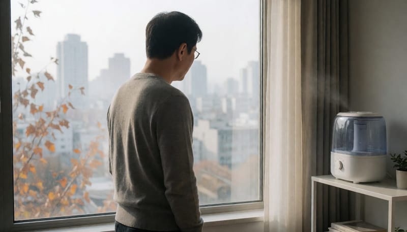 미세먼지 낀 창밖을 바라보며 건조함을 느끼는 남성의 뒷모습