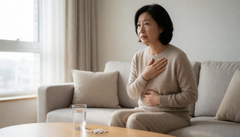 소화불량 증상을 살피며 고민하는 여성의 모습