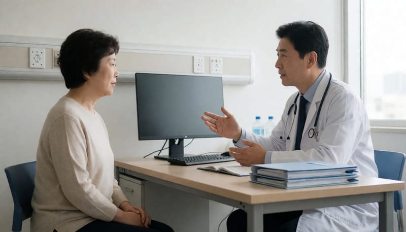 의사와 상담하며 위내시경에 대해 설명 듣는 환자