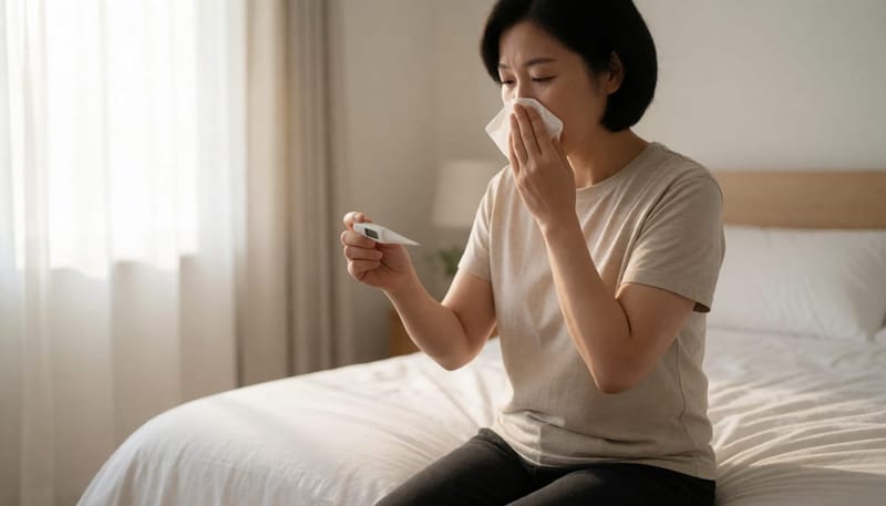 환절기 코감기 증상을 확인하며 체온을 재는 여성
