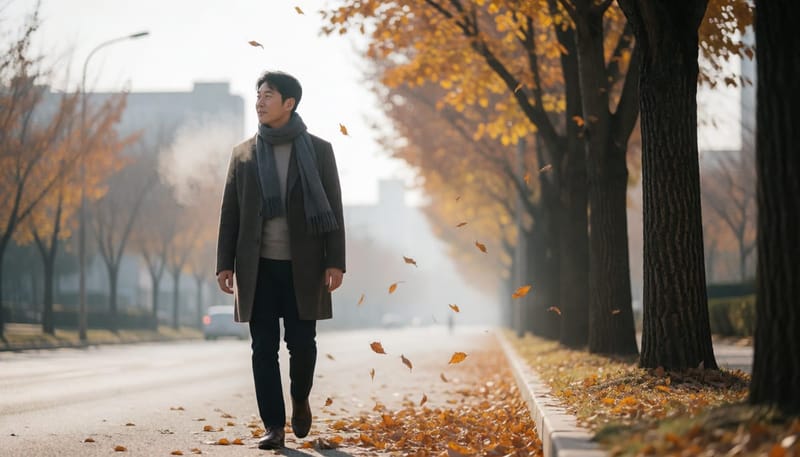 일교차가 큰 환절기 거리를 걷는 남성의 모습